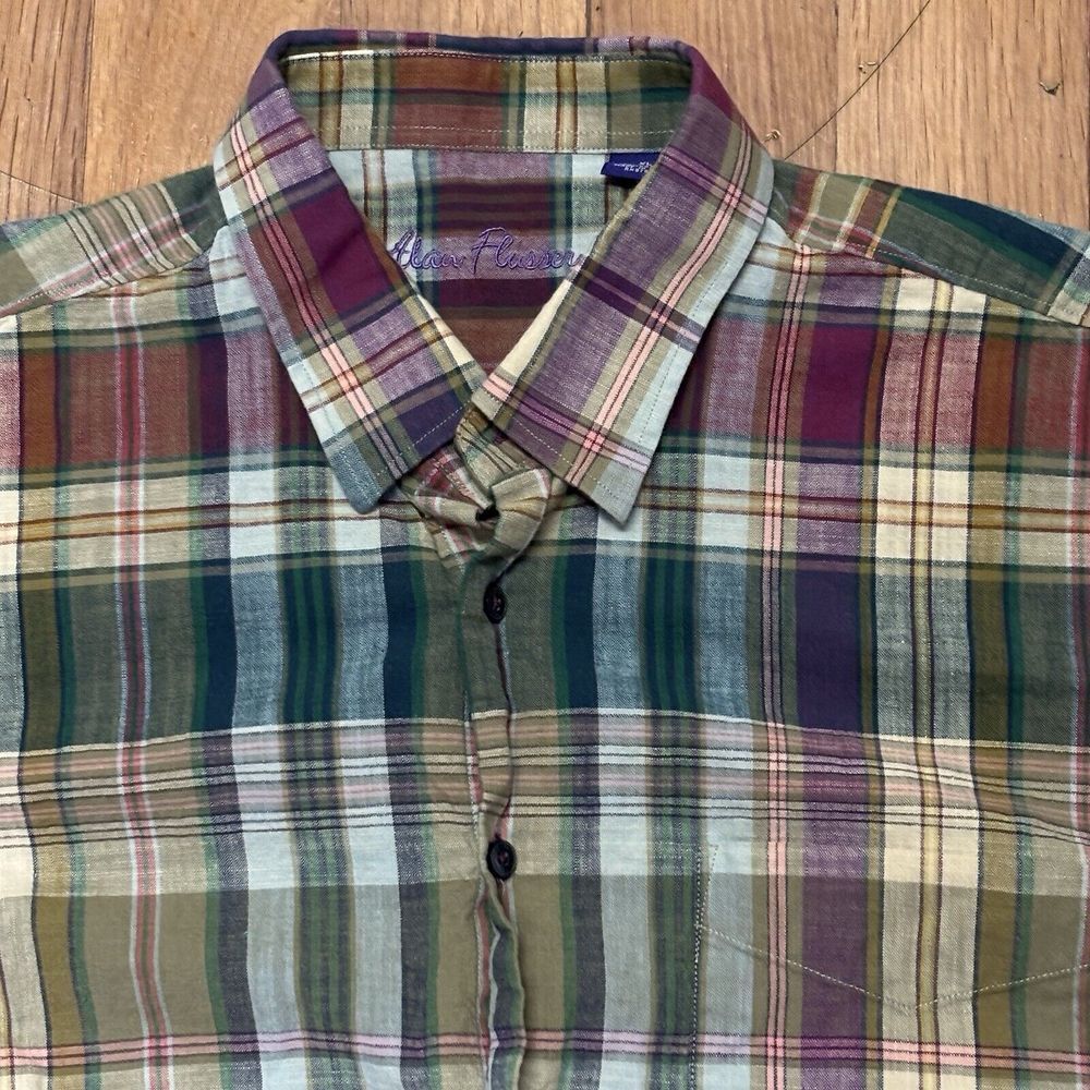 Alan Flusser Button Up Shirt Mens XL Multicolor Plaid Long Sleeve Classic
